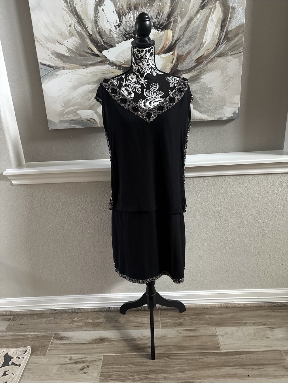 J Kara Black Layered Midi Skirt with Sequin Trim